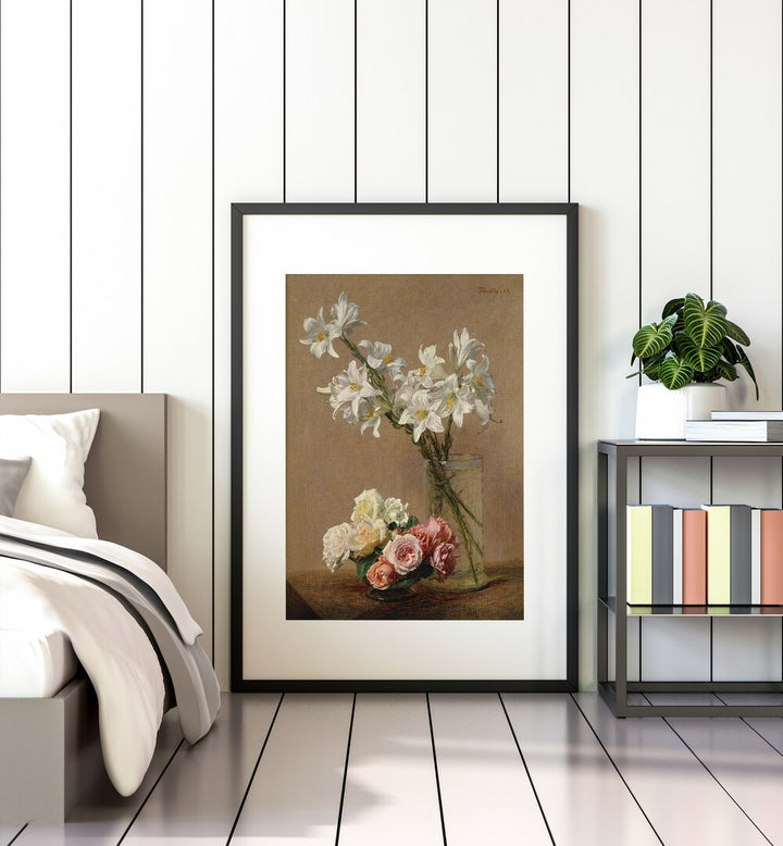 Botanical Reverie Henri Fantin - Latour's Roses And Lilies Vintage Art Painting Artwork in black frame with mount beside a bed for bedroom