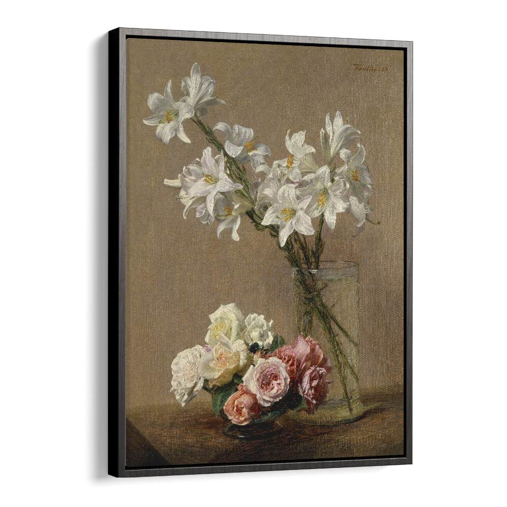 Botanical Reverie Henri Fantin - Latour's Roses And Lilies Vintage Art Artwork in Black Floater Frame