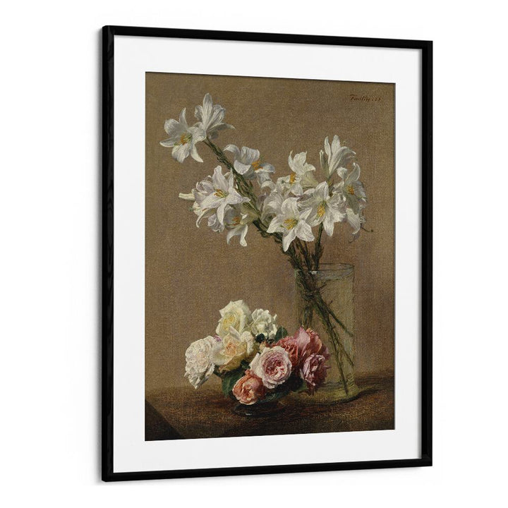 Botanical Reverie Henri Fantin - Latour's Roses And Lilies Vintage Art Artwork in Black Frame With Mount