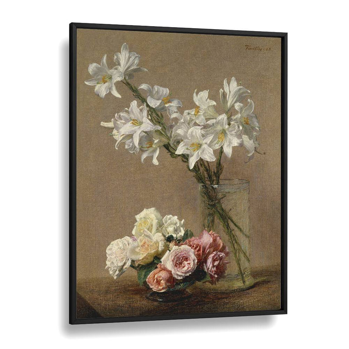 Botanical Reverie Henri Fantin - Latour's Roses And Lilies Vintage Art Artwork in Black Plain Frame