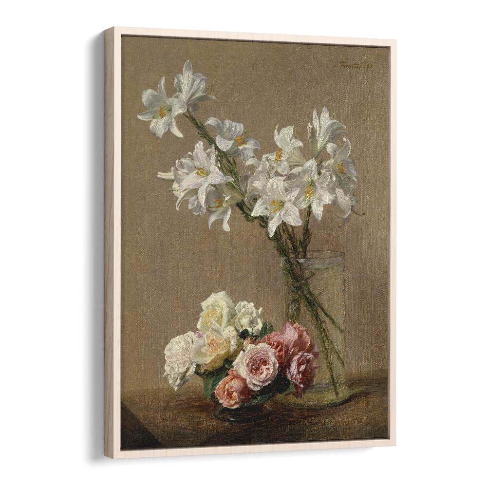 Botanical Reverie Henri Fantin - Latour's Roses And Liliess Vintage Art Artwork in Oak Wood Floater Frame