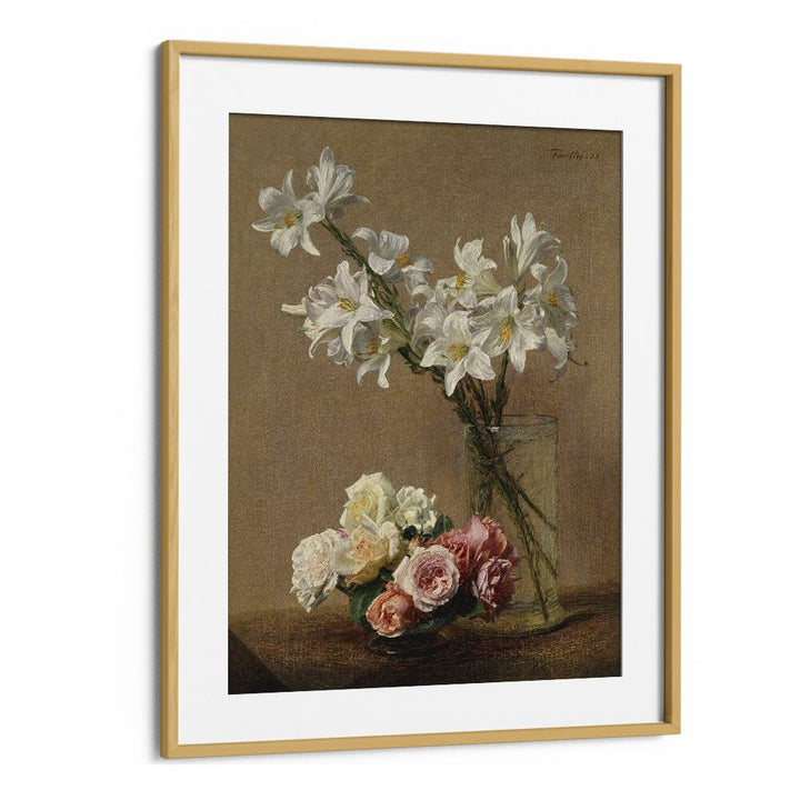 Botanical Reverie Henri Fantin - Latour's Roses And Lilies Vintage Art Artwork in Oak Wood Frame With Mount