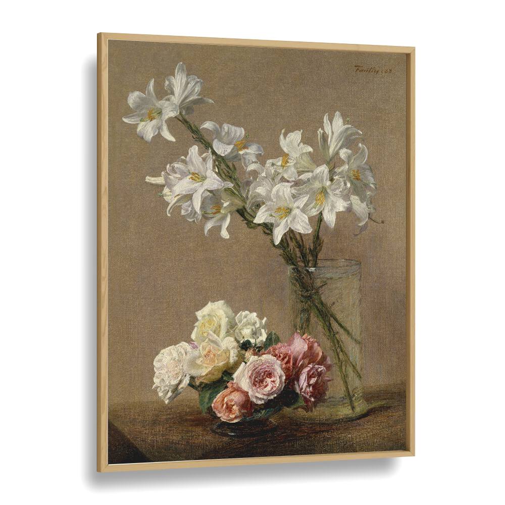 Botanical Reverie Henri Fantin - Latour's Roses And Lilies Vintage Art Artwork in Oak Wood Plain Frame