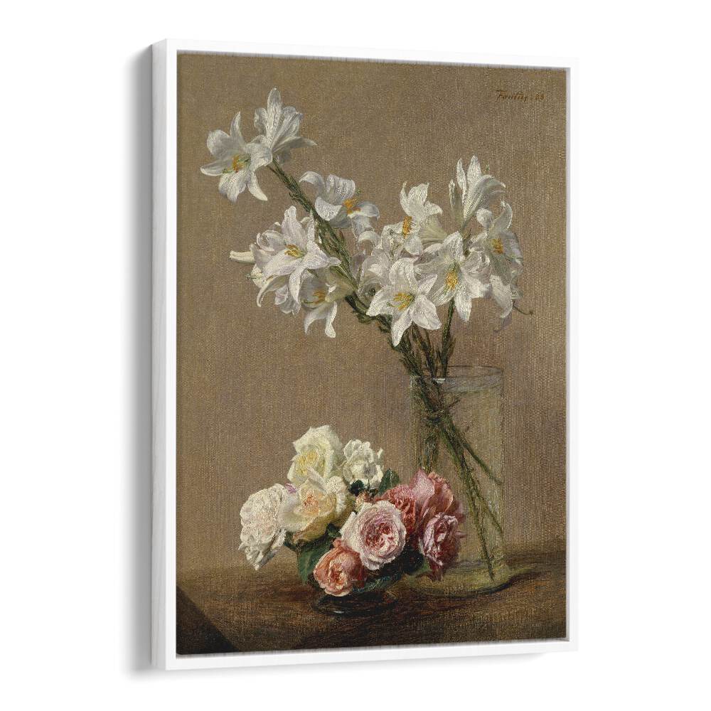 Botanical Reverie Henri Fantin - Latour's Roses And Lilies Vintage art painting Artwork in White Floater Frame