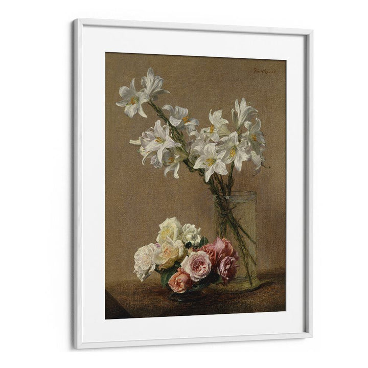 Botanical Reverie Henri Fantin - Latour's Roses And Lilies Vintage Art Artwork in White Frame With Mount