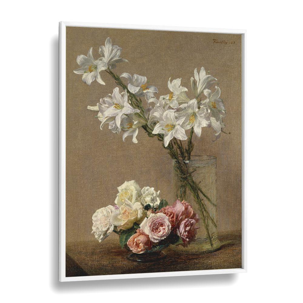 Botanical Reverie Henri Fantin - Latour's Roses And Lilies Vintage art Artwork in White Plain Frame