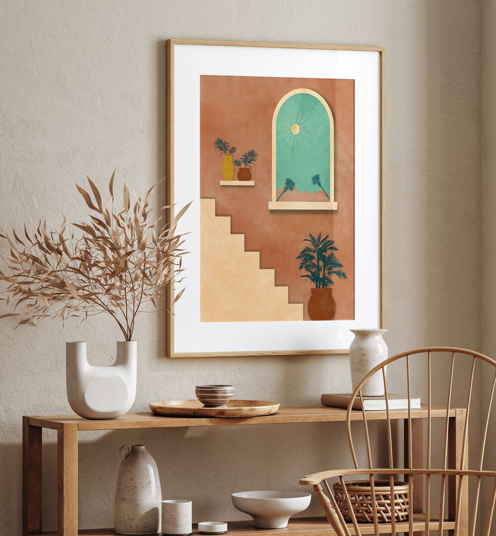 Botanical stairway nature boho wall art painting Artwork Hanged on a Wall