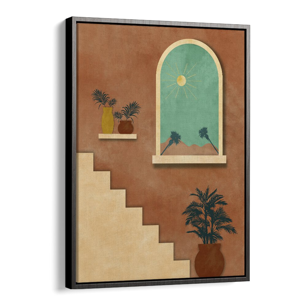 Botanical stairway nature  boho wall art painting Artwork in Black Floater Frame