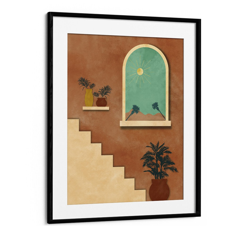 Botanical stairway nature boho wall art painting Artwork in Black Frame With Mount