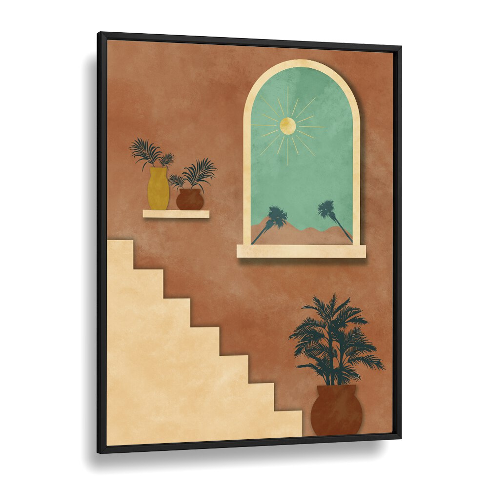 Botanical stairway nature boho wall art painting Artwork in Black Plain Frame