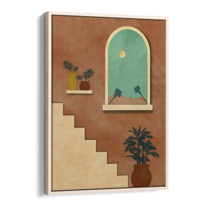 Botanical stairway nature boho wall art painting Artwork in Oak Wood Floater Frame