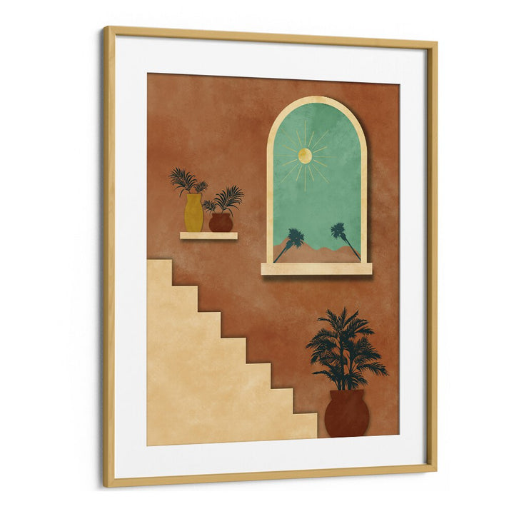 Botanical stairway nature boho wall art painting in Oak Wood Frame With Mount