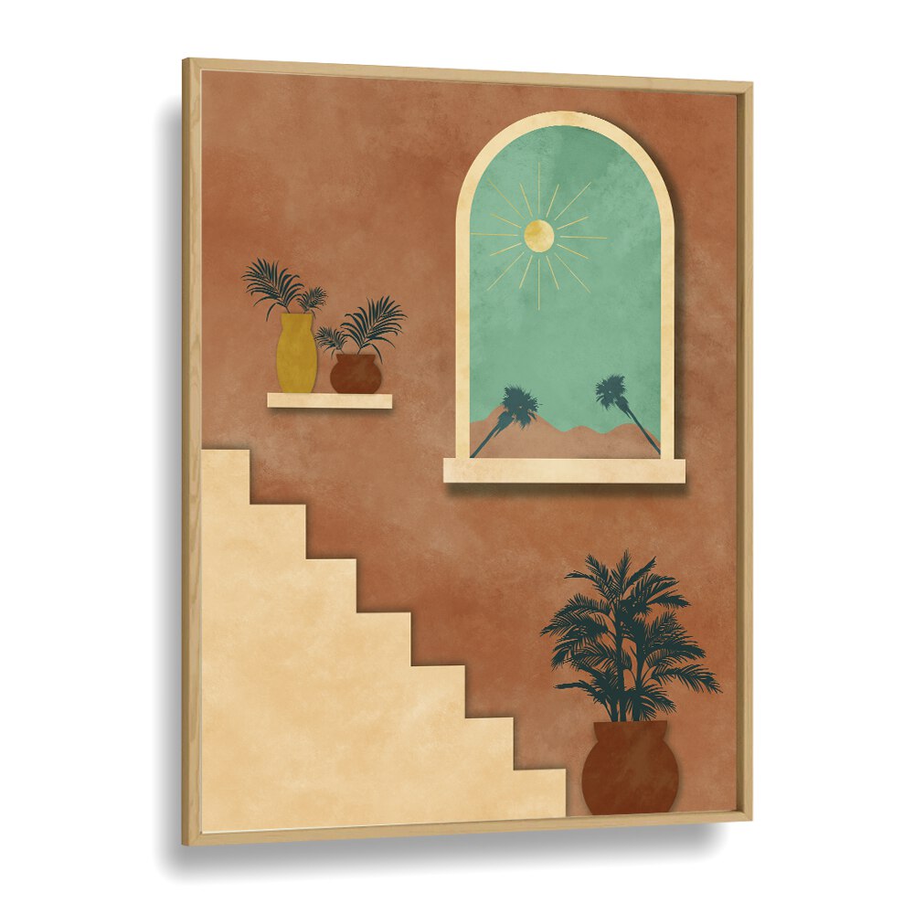 Botanical stairway nature boho wall art painting Artwork in Oak Wood Plain Frame