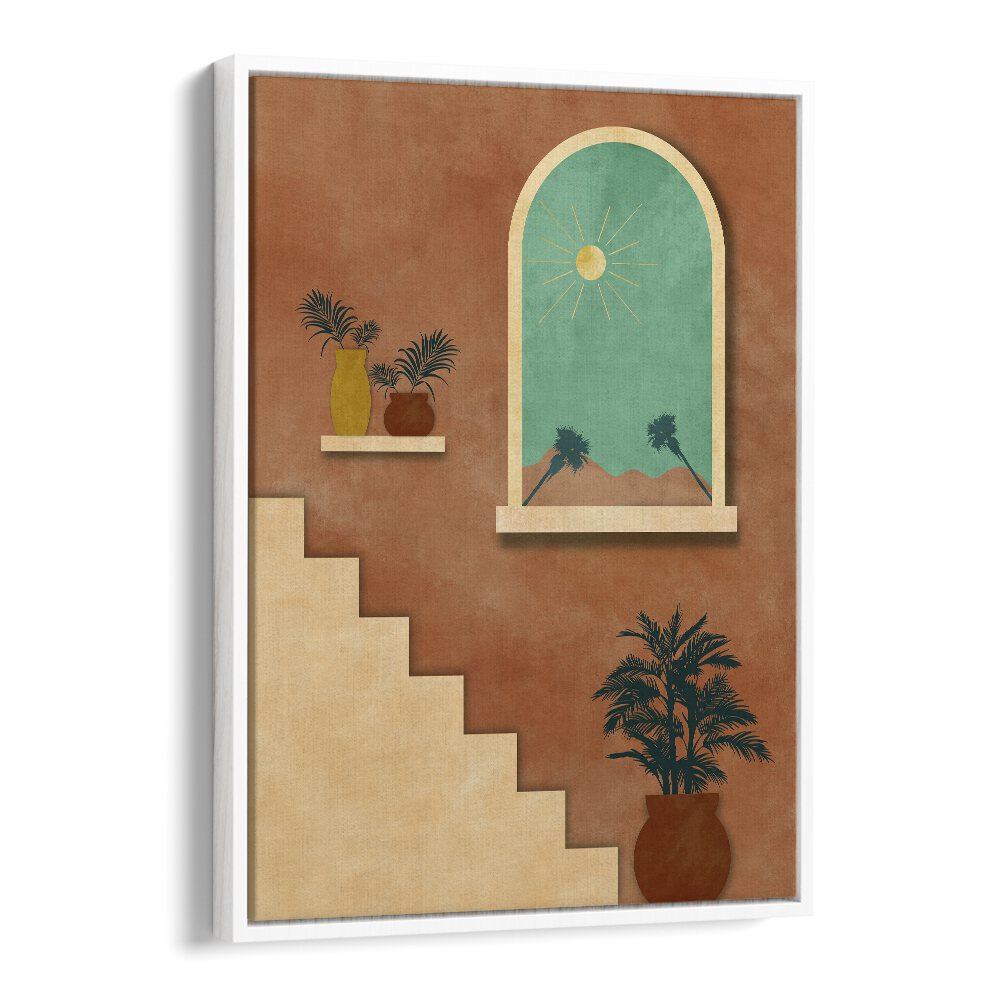 Botanical stairway nature boho wall art painting Artwork in White Floater Frame