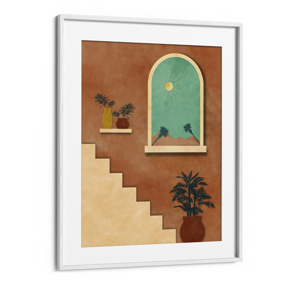 Botanical stairway nature boho wall art painting Artwork in White frame With Mount