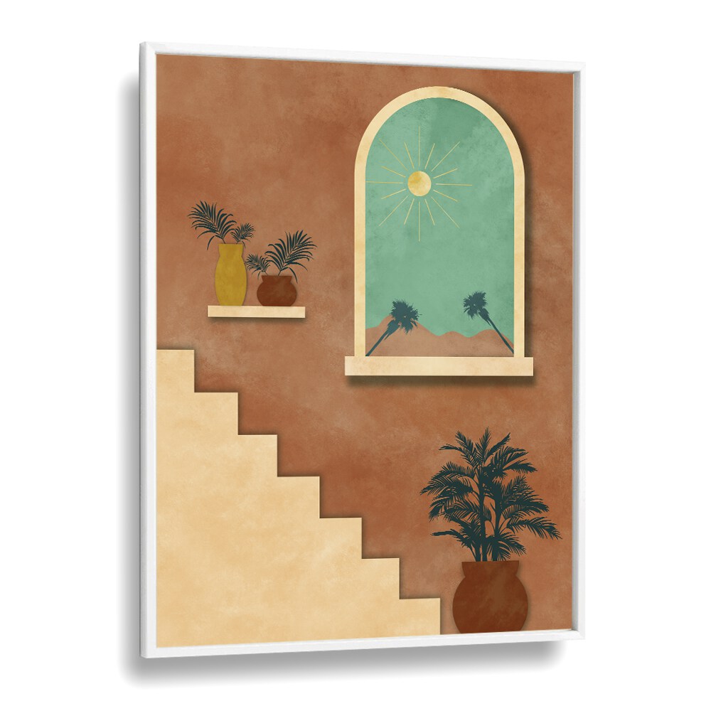 Botanical stairway nature boho wall art painting Artwork in White Plain Frame