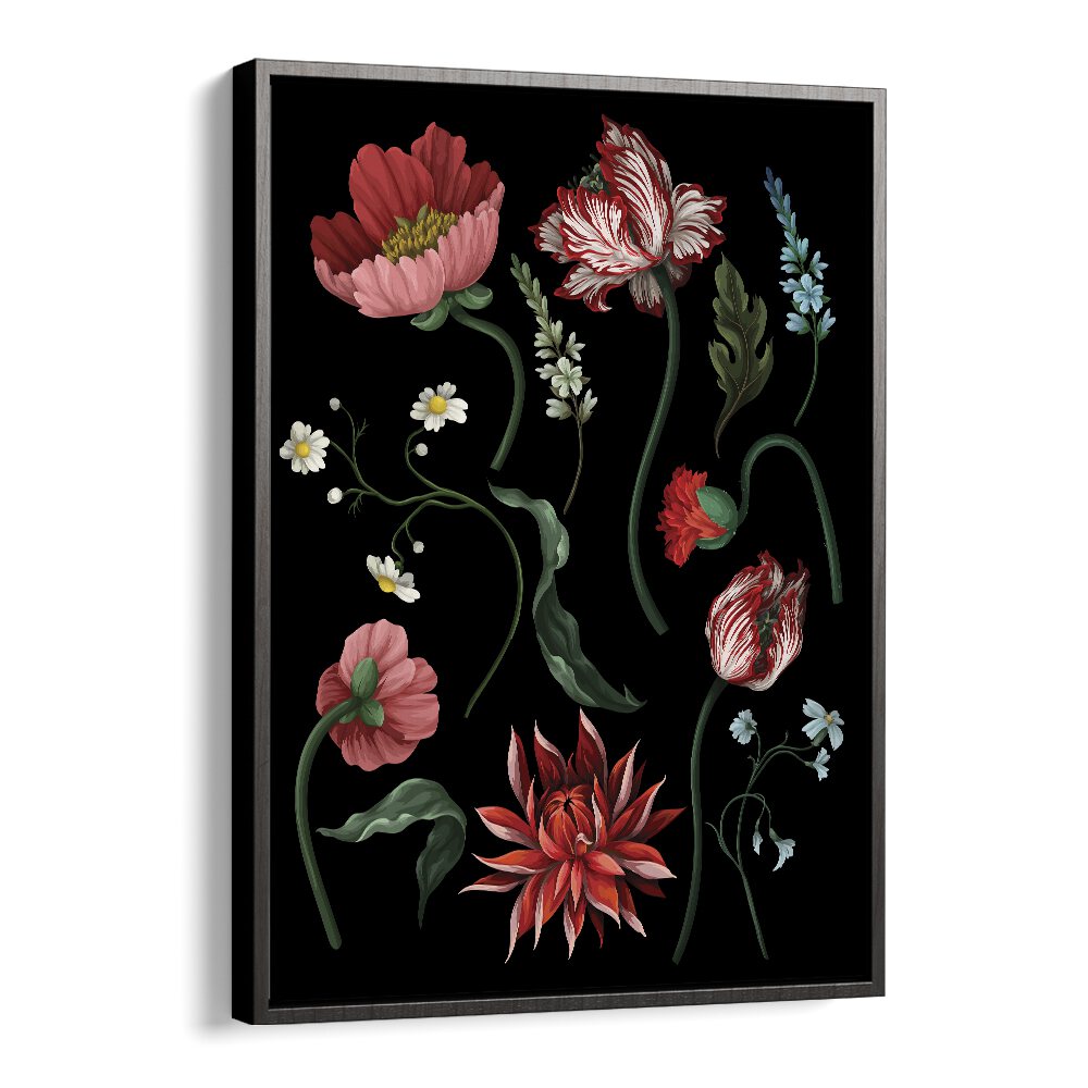 Botanical Victorian Flowers Botanical Art Print Artwork in Black Floater Frame