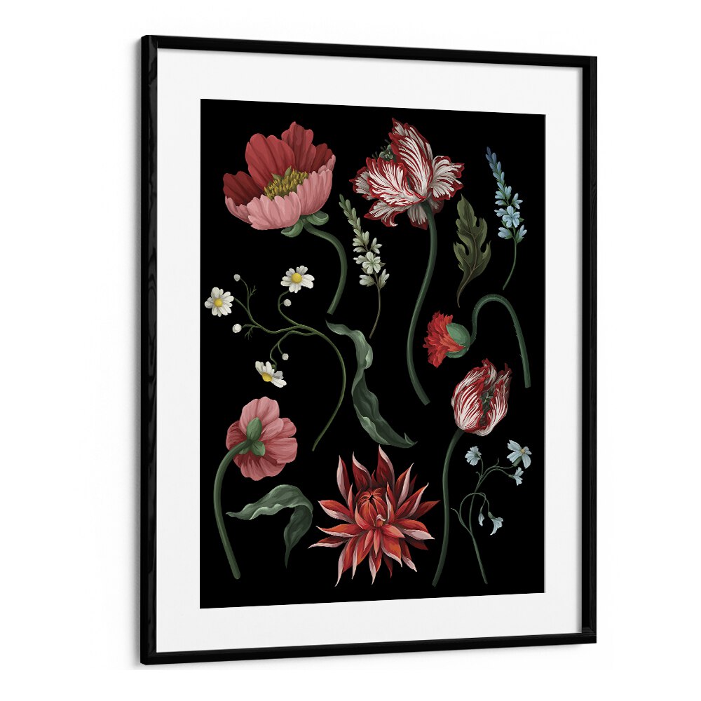 Botanical Victorian Flowers Botanical Art Print Artwork in Black Frame With Mount