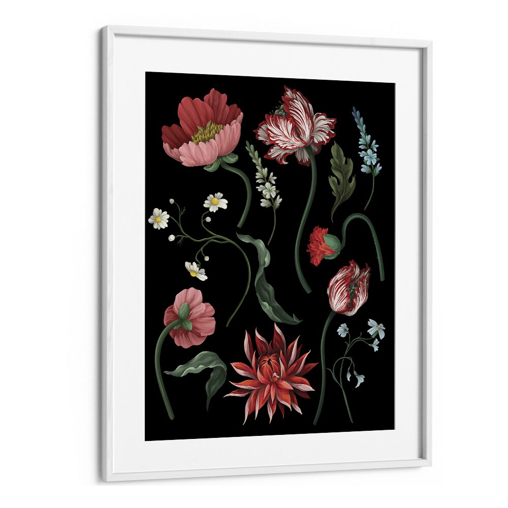 Botanical Victorian Flowers Botanical Art Print Artwork in White Frame With Mount