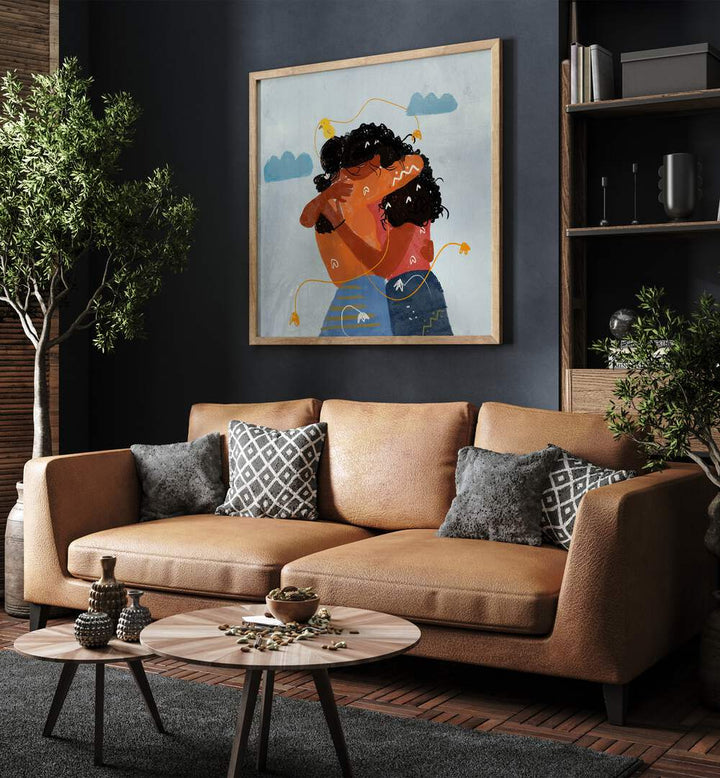 Bound By Heartstrings By Shreya Roy Chowdary, Indian Art Paintings Artwork in Oak Wood Plain Frame placed on a Blue Colored Wall near a Brown Sofa in the Living Room