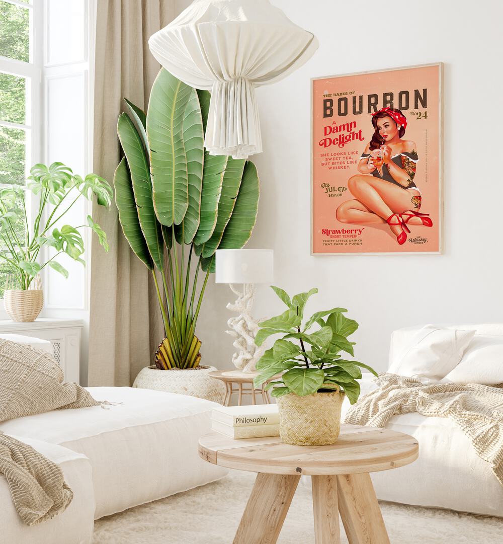Vintage pinup art featuring a BOURBON GIRL, BAR perfect for elevating your space with nostalgic charm.