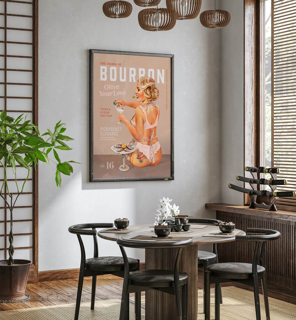 Bourbon Babe, Bar poster adds vintage charm to your cafe, featuring a stylish pin-up girl enjoying a vodka martini.