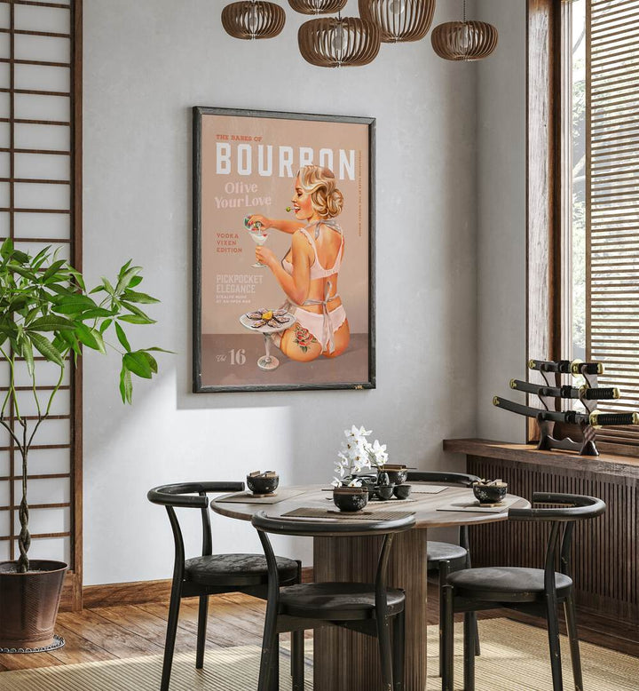 Bourbon Babe, Bar poster adds vintage charm to your cafe, featuring a stylish pin-up girl enjoying a vodka martini.