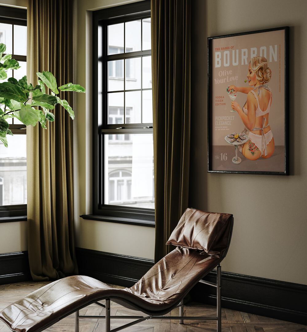Charming BOURBON BABE, BAR poster featuring a vintage pin-up girl, perfect for elevating your cafe or bar decor.
