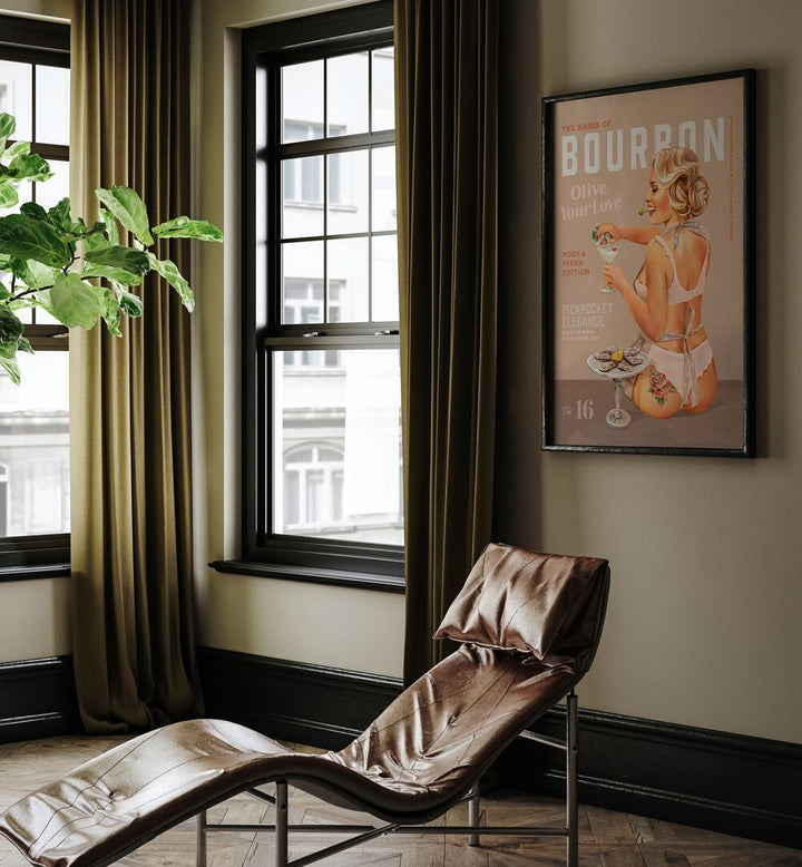 Charming BOURBON BABE, BAR poster featuring a vintage pin-up girl, perfect for elevating your cafe or bar decor.