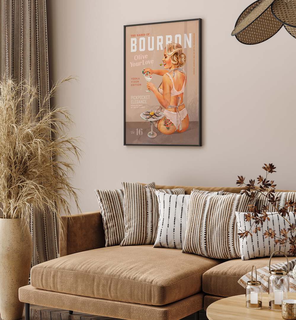 Elevate your space with the BOURBON BABE, BAR vintage poster showcasing a charming pin-up girl enjoying a martini.
