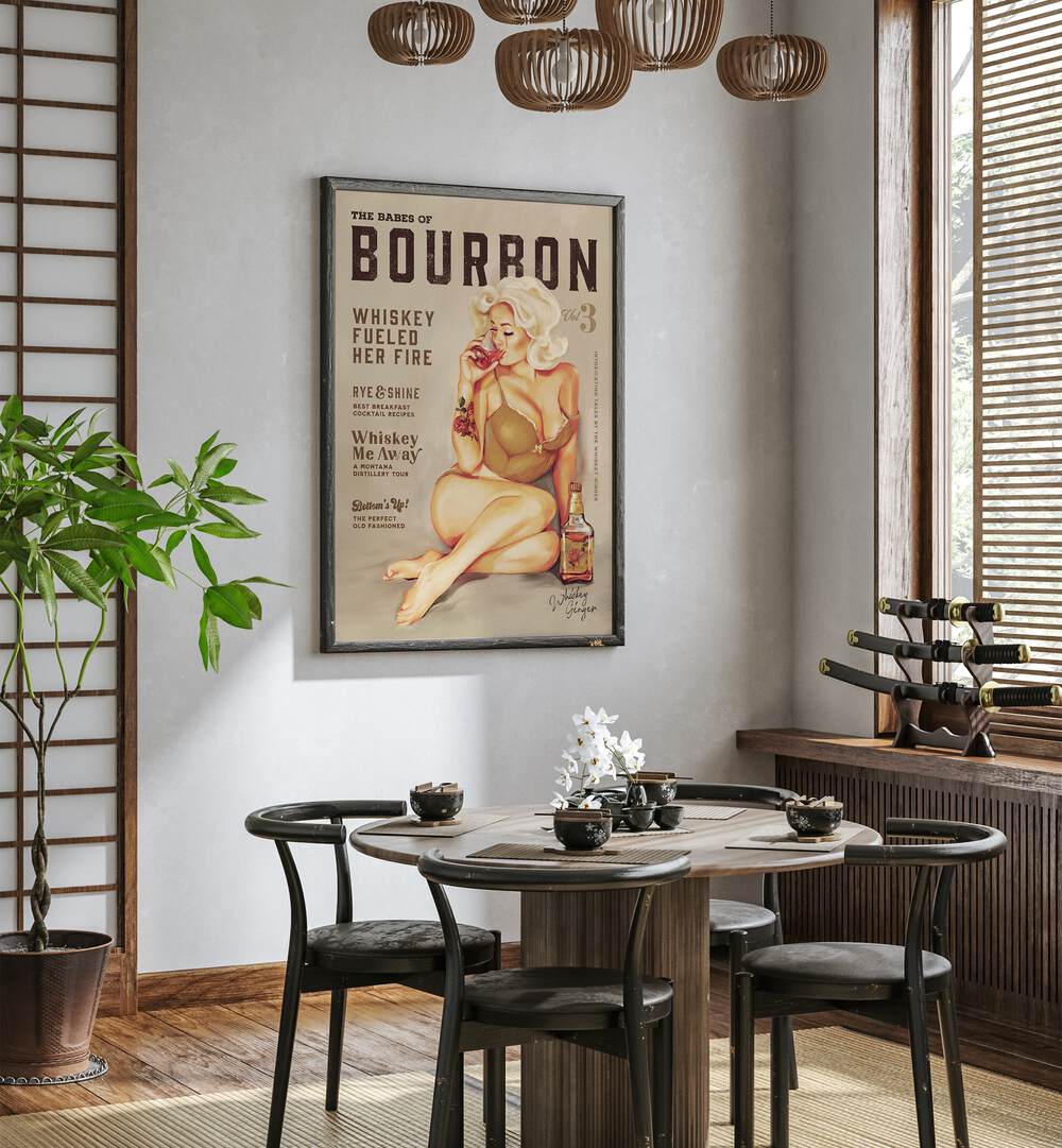 Vintage pin-up art featuring a seductive Bourbon Girl, perfect for your bar or cafe decor.