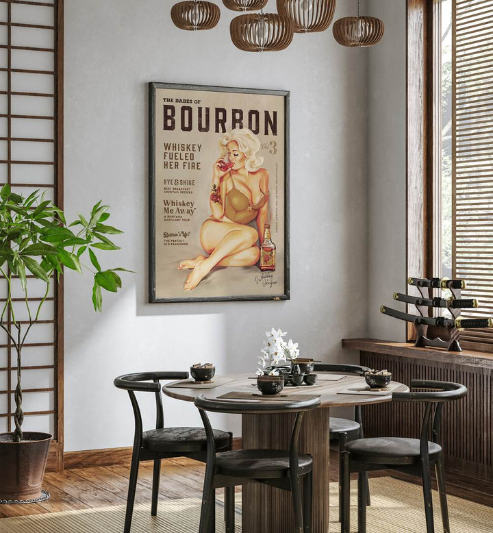 Vintage pin-up art featuring a seductive Bourbon Girl, perfect for your bar or cafe decor.