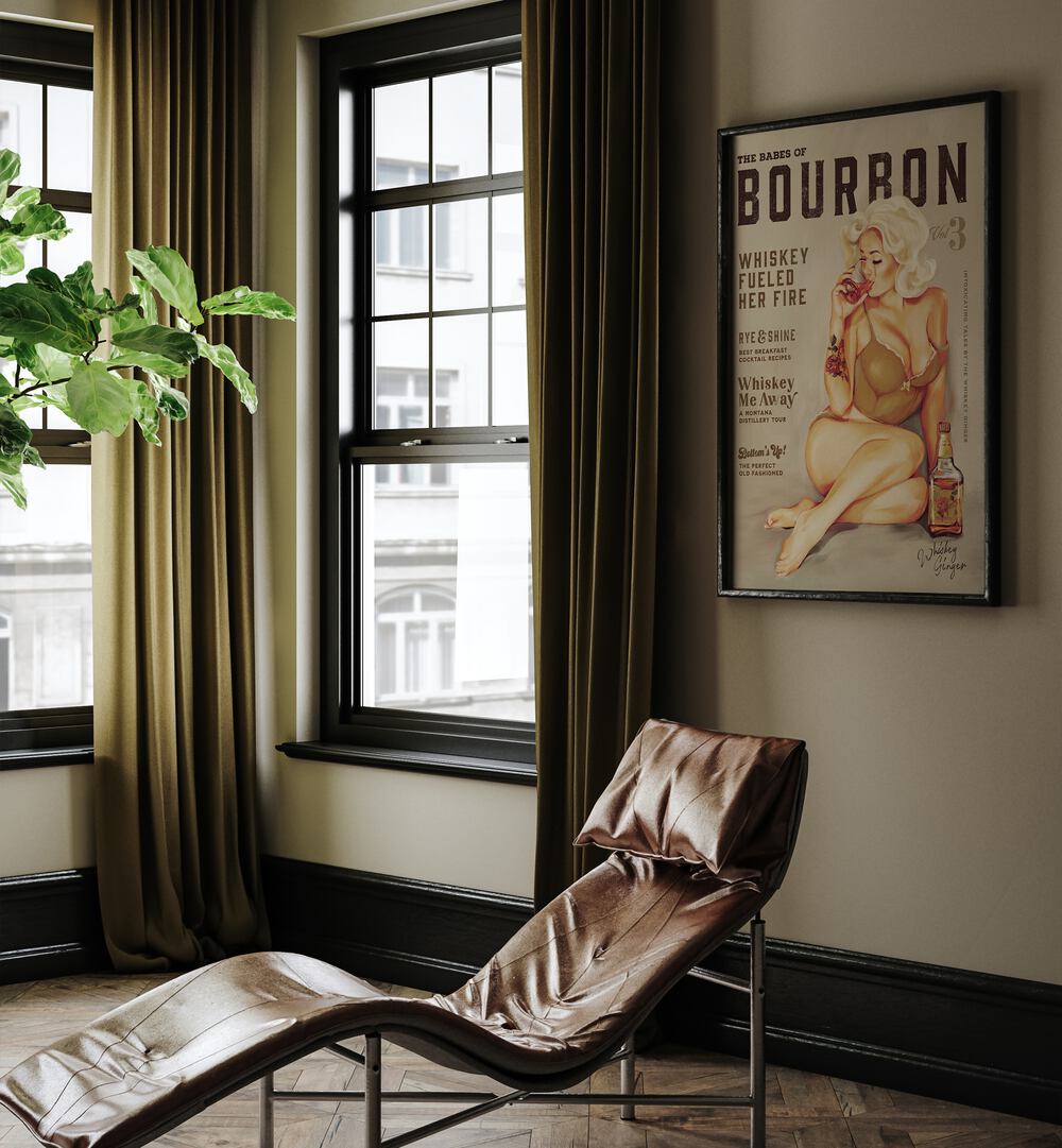 Vintage pin-up art of a seductive BOURBON GIRL, BAR & CAFE, perfect for enhancing your space with charm.