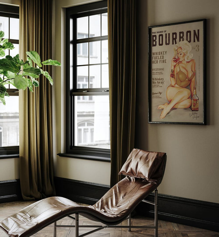 Vintage pin-up art of a seductive BOURBON GIRL, BAR & CAFE, perfect for enhancing your space with charm.
