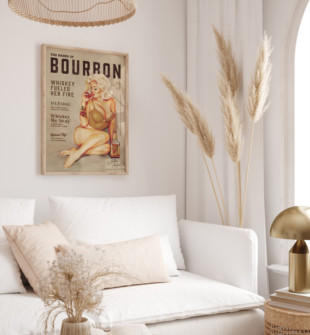 Vintage BOURBON GIRL, BAR art enhances your space with charm, showcasing a pin-up girl savoring whiskey.