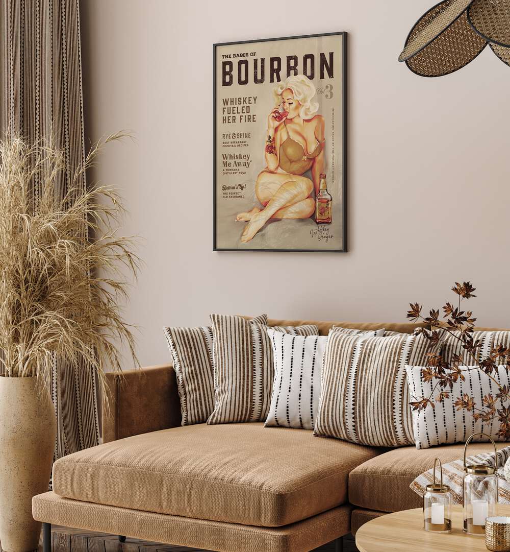Vintage pin-up art featuring a seductive BOURBON GIRL, BAR decor perfect for elevating your space and enjoying whiskey.
