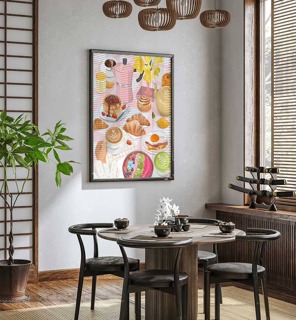 BREAKFAST & BRUNCH, KITCHEN POSTERS in a cozy dining room with breakfast-themed wall art.