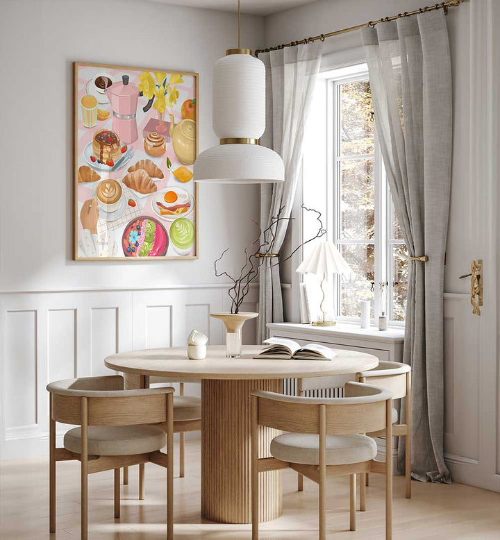 BREAKFAST & BRUNCH kitchen posters art in a bright dining room with a round wooden table.