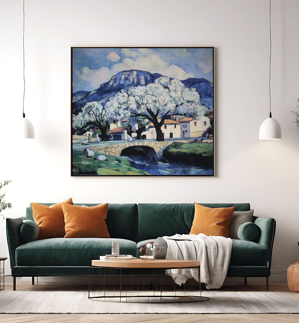 Serene landscape artwork featuring a BRIDGE OVER A STREAM, perfect for enhancing home or garden decor.