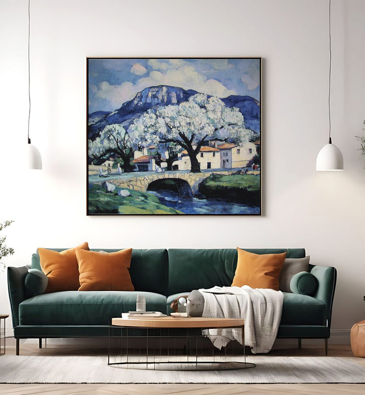 Serene landscape artwork featuring a BRIDGE OVER A STREAM, perfect for enhancing home or garden decor.