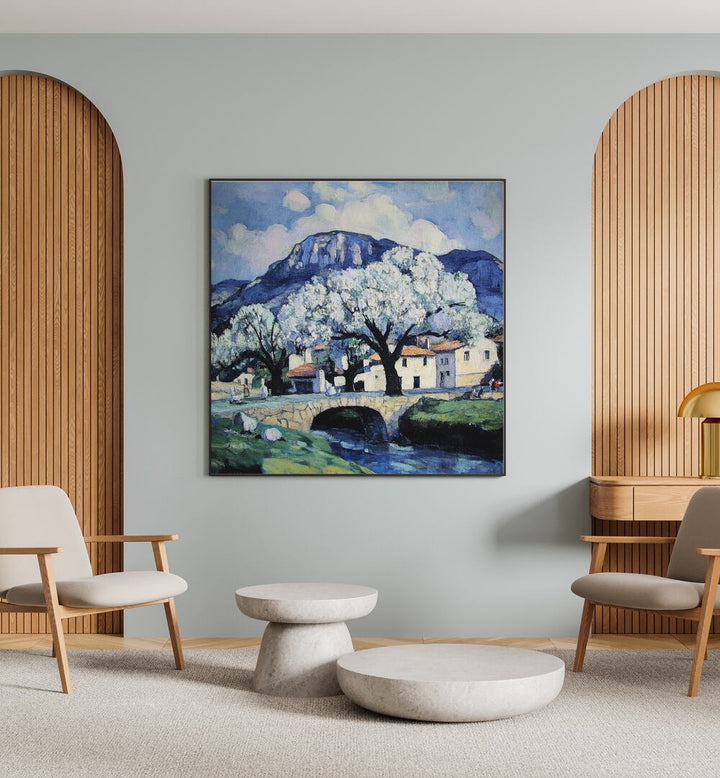 Stunning BRIDGE OVER A STREAM artwork enhances home decor with serene landscapes and artistic craftsmanship.