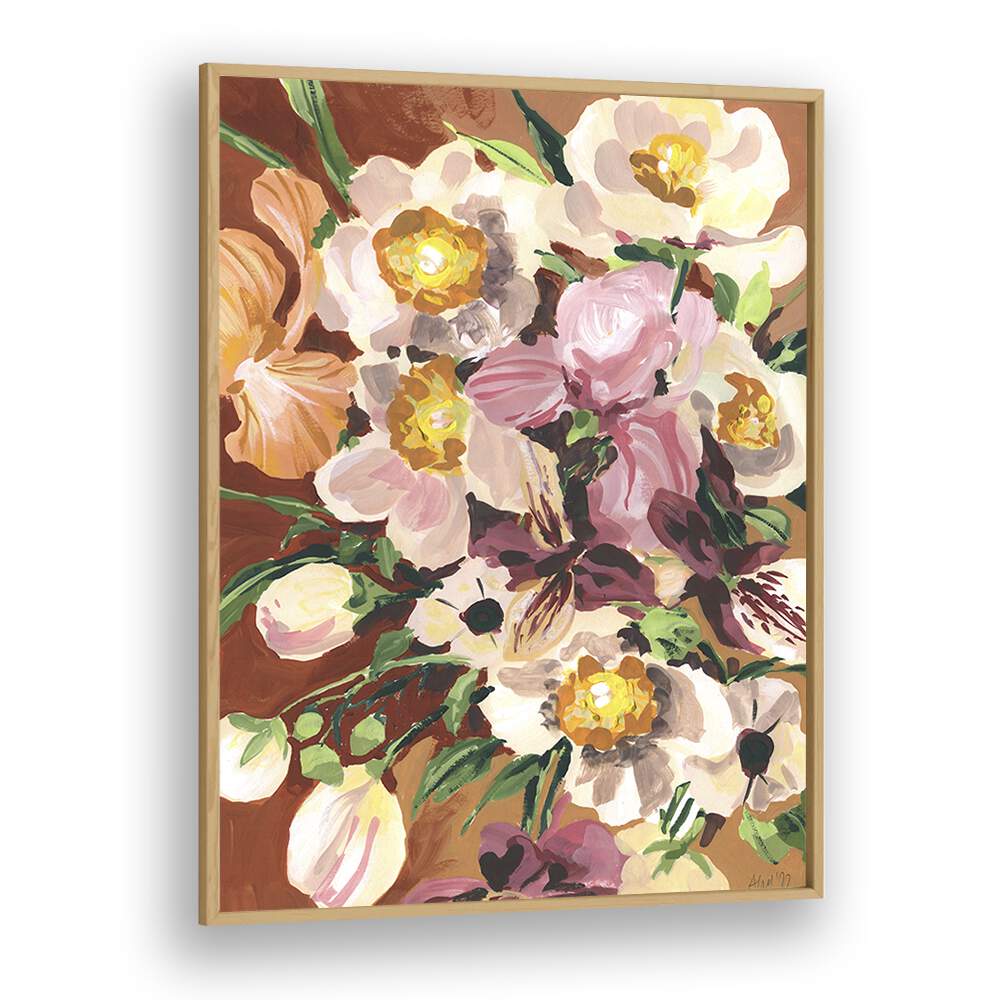 Brown Orchids By Ania Zwara Botanical Flower Paintings Artwork in Oak Wood Plain Frame