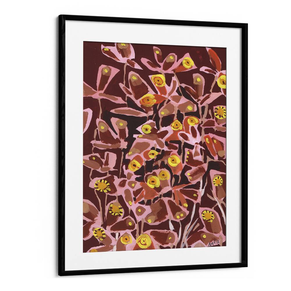 Brown Retro Butterflies  By Ania Zwara Botanical Flower Paintings Artwork  in Black Frame With Mount