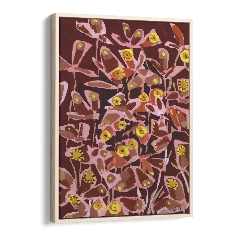 Brown Retro Butterflies  By Ania Zwara Botanical Flower Paintings Artwork in Oak Wood Floater Fram