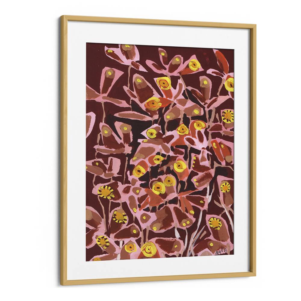 Brown Retro Butterflies  By Ania Zwara Botanical Flower Paintings Artwork in Oak Wood Frame With Mount