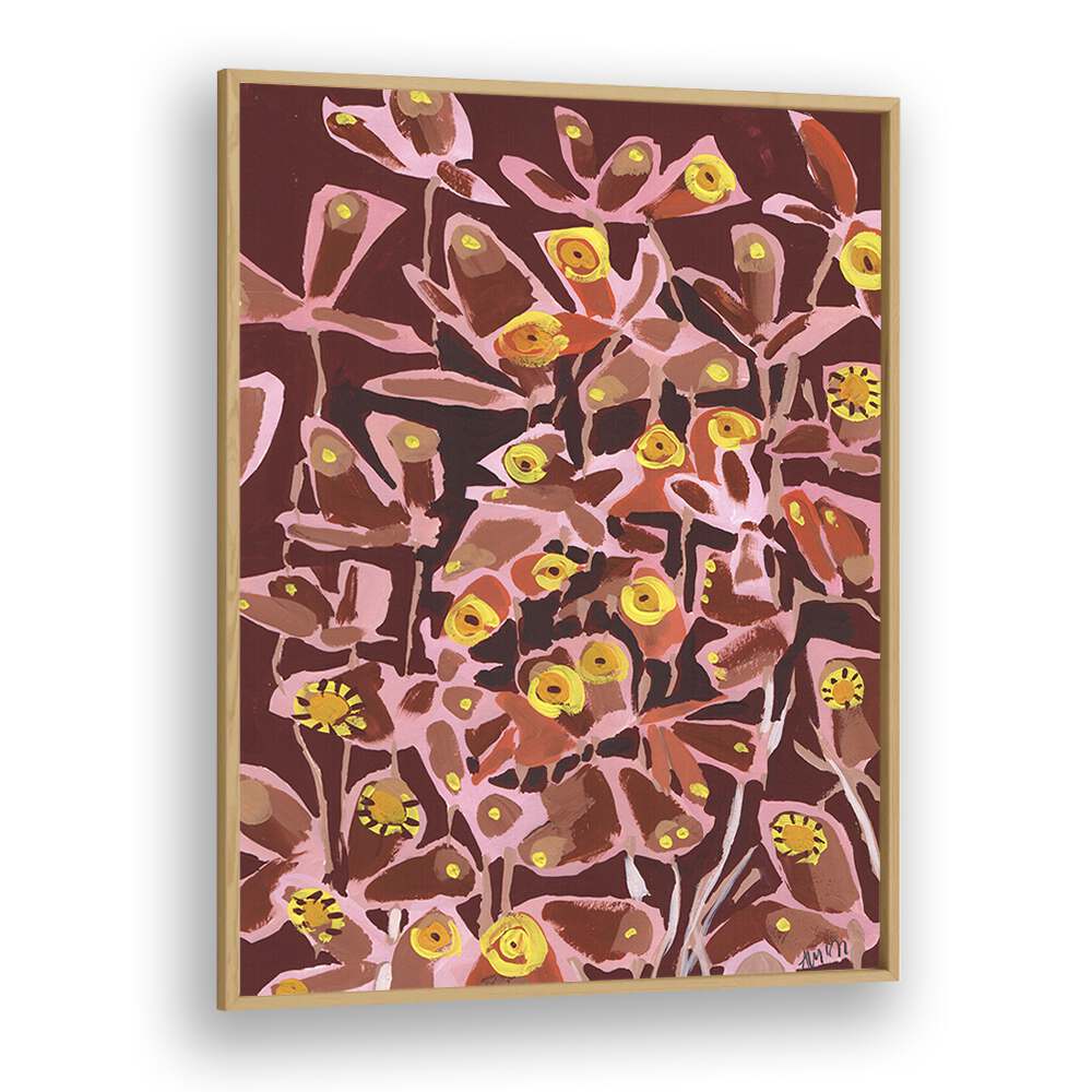 Brown Retro Butterflies  By Ania Zwara Botanical Flower Paintings Artwork in Oak Wood Plain Frame