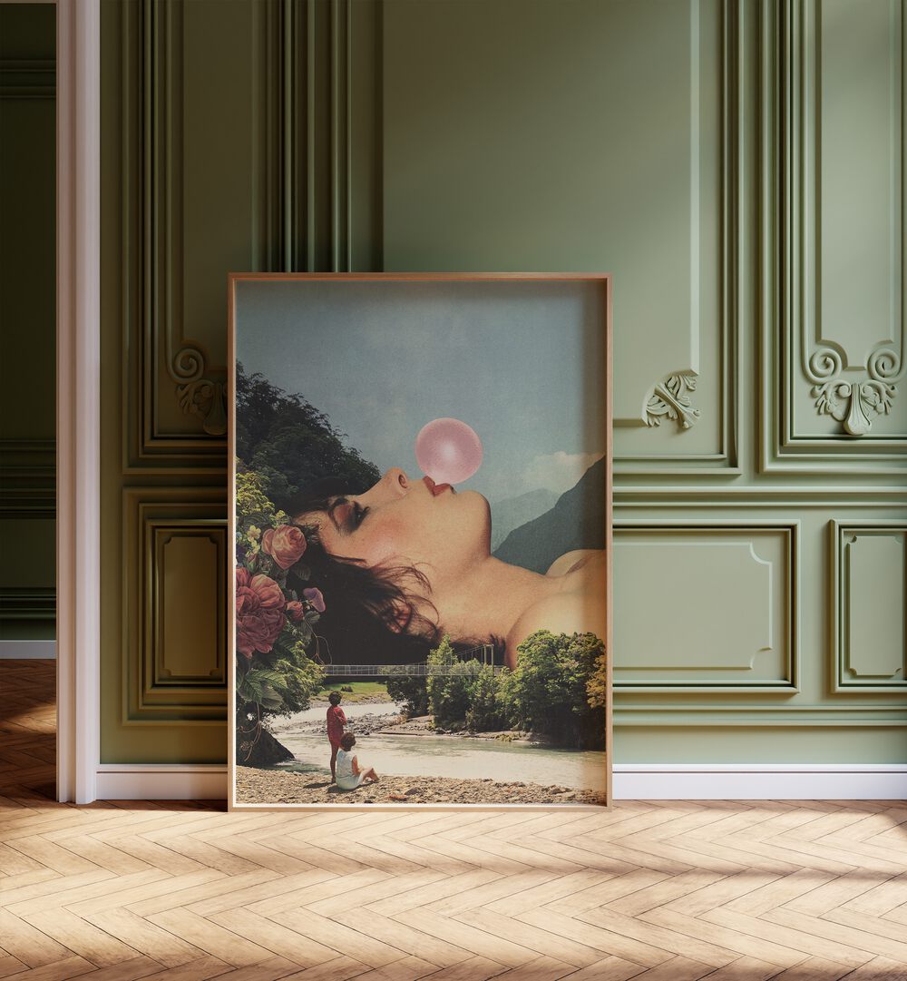 Bubble Gum Girl Surreal Art Painting Artwork in plain oakwood frame on a wooden floor 