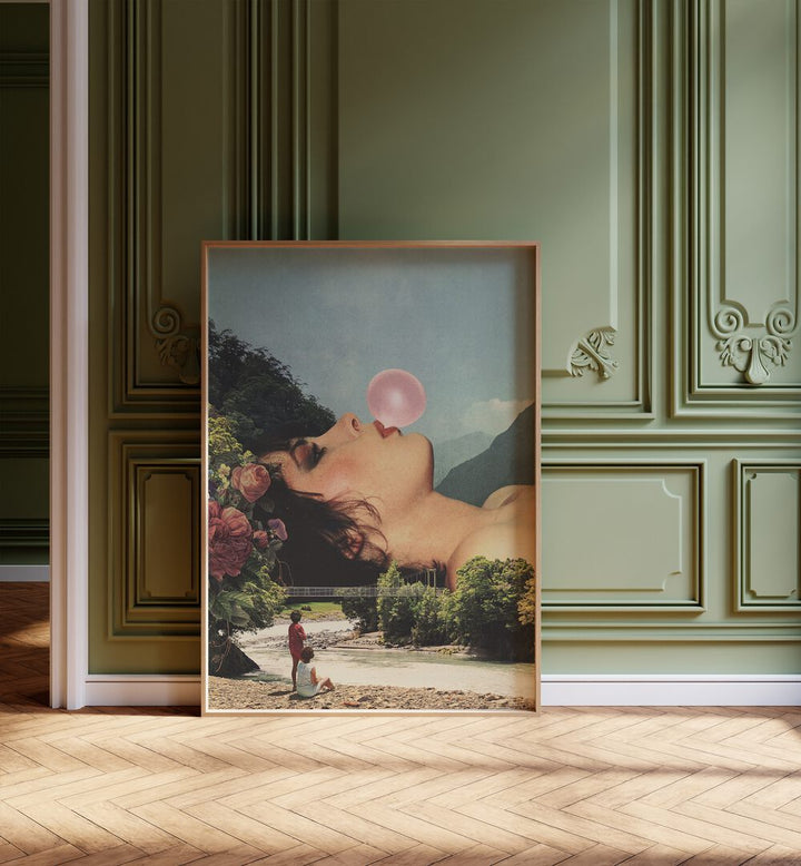 Bubble Gum Girl Surreal Art Painting Artwork in plain oakwood frame on a wooden floor 