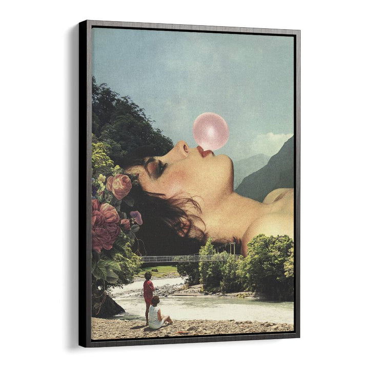 Bubble Gum Girl Surreal Painting Artwork in Black Floater Frame