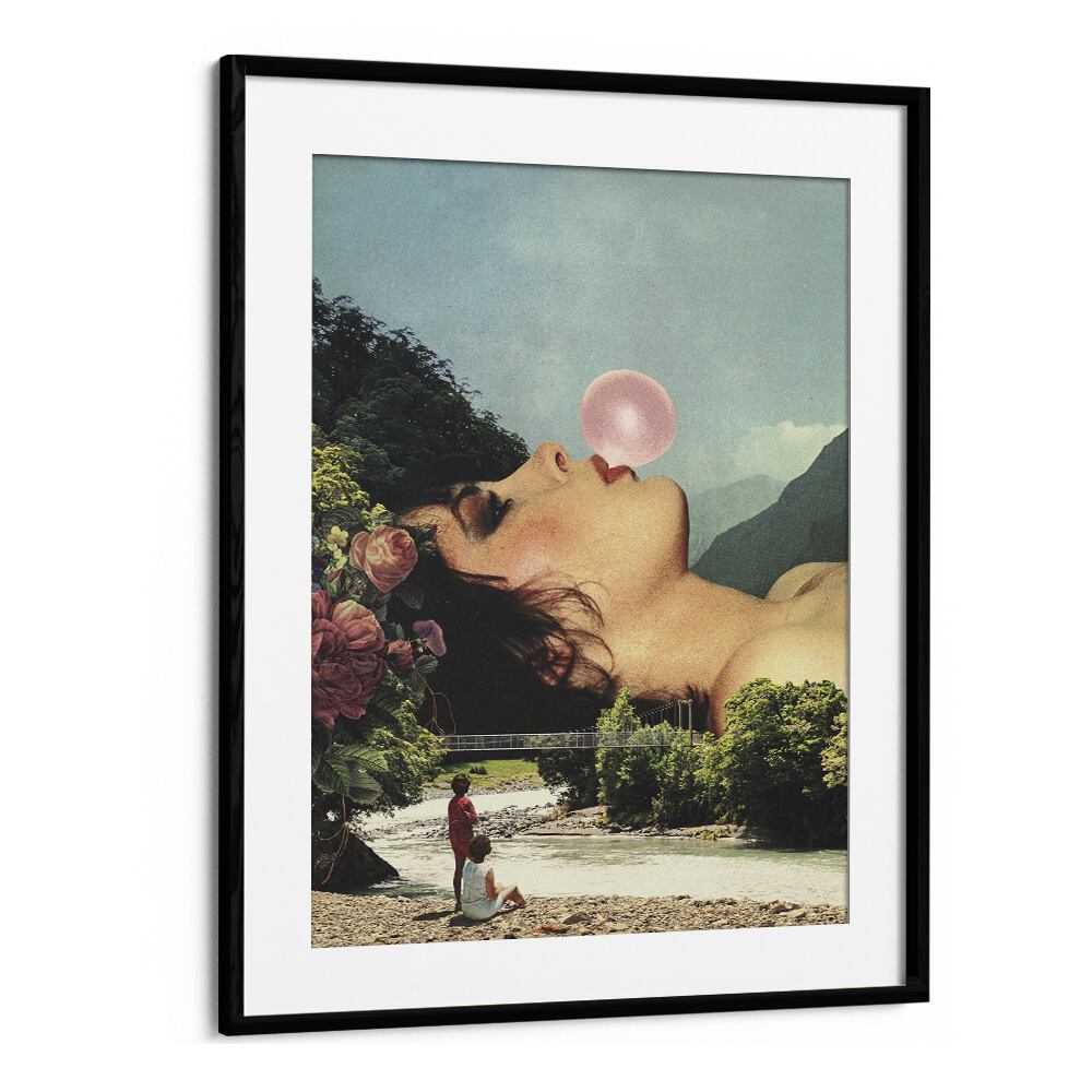 Bubble Gum Girl   Surreal Painting Artwork in Black Frame With Mount